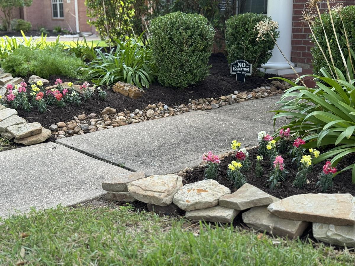 Landscaped walkway with fresh mulch and edging
